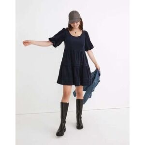Madewell Corduroy Puff Sleeve Tiered Dress Navy Blue Square Neck XS